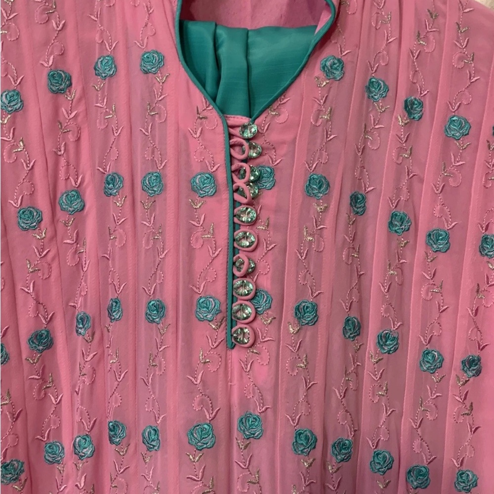 Pink Floral Embroidered  frock Kameez Top with Teal Pants